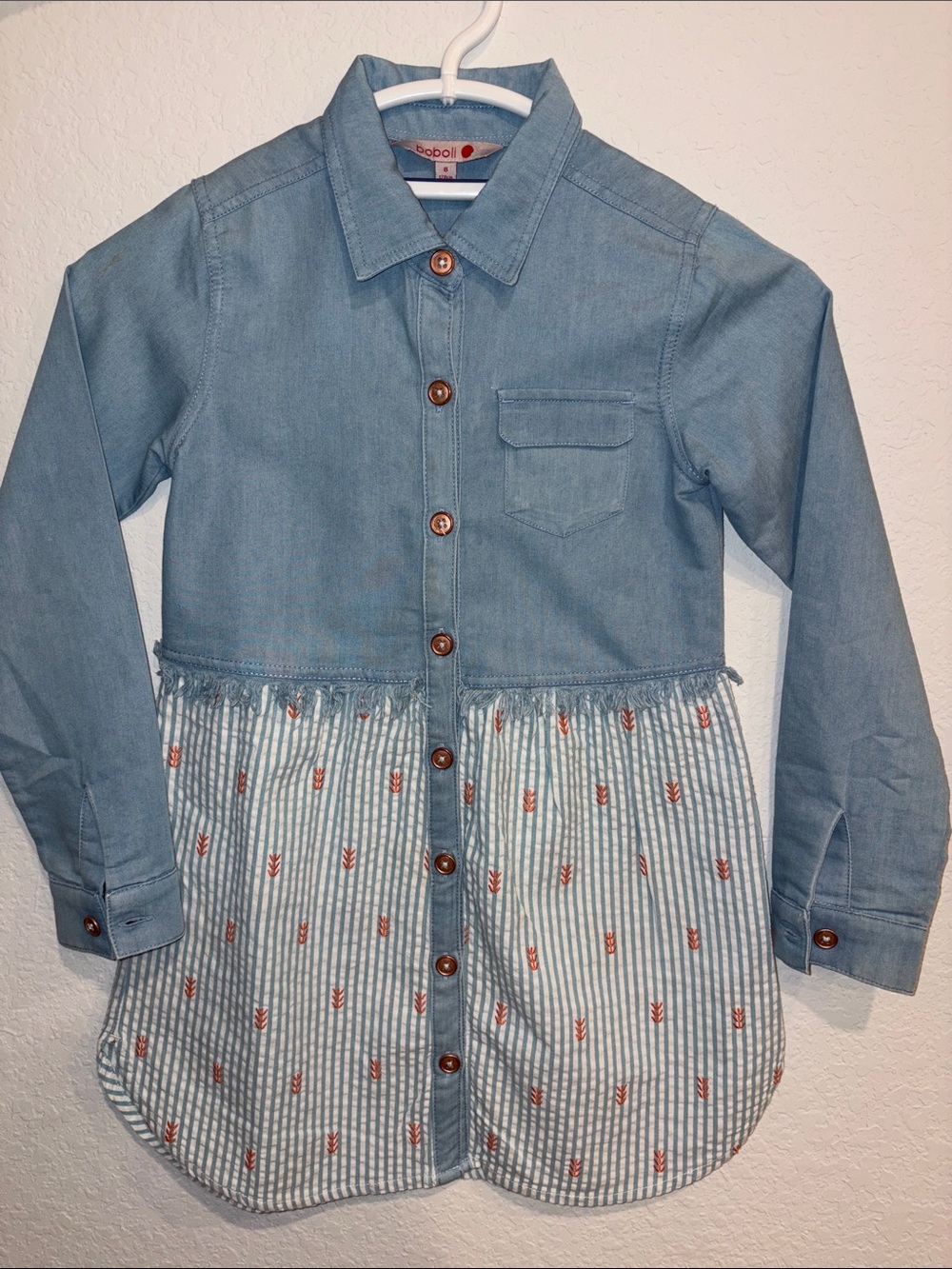 Boboli Light Blue Denim-Style Girls' Button-Front Shirt Dress